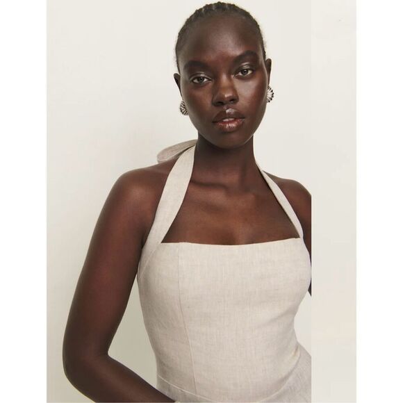 Reformation Pants - Malika oatmeal romper 100% linen never worn halter top sleeveless wide leg pant